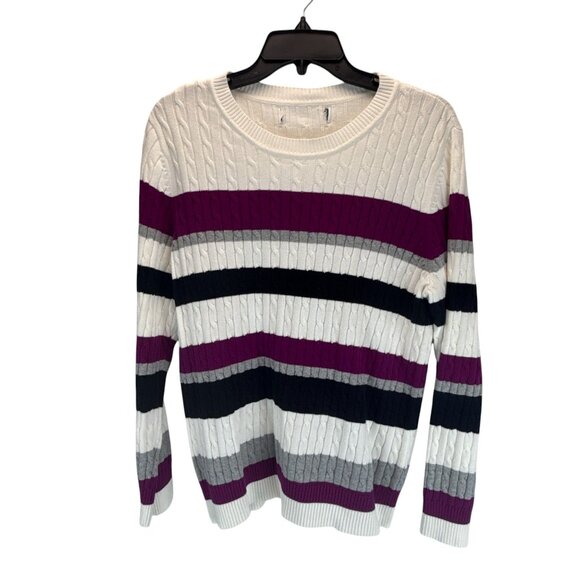 Women's Cable Knit Sweater Stripe Crewneck Long Sleeve Purple Gray Black White L - Picture 6 of 7